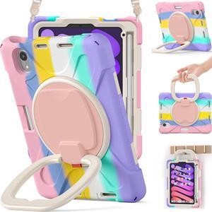 BRAECNstock Kids Case for Apple iPad Mini 7th/6th Generation 2024/2021 8.3-Inch Shockproof Protective iPad Mini 7/6 Case with Screen Protector Rotating Stand Handle Grip Pencil Holder - Rainbow Pink