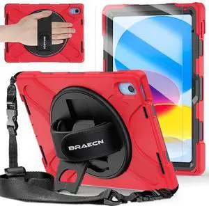BRAECNstock for Apple iPad (A16) 11th/10th Generation Case 11"/10.9" 2025/2022, Shockproof Protective Case with Screen Protector, Pencil Holder, Rotating Stand&Hand Strap Shoulder Strap, Red