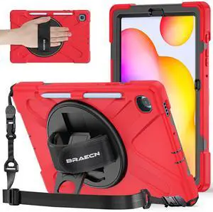 BRAECNstock for Samsung Galaxy Tab S6 Lite Case 10.4 Inch 2024/2022/2020 (SM-P620/P610/P619) Shockproof Protective Silicone Tab S6 Lite Kids Case Cover with Pen Holder Rotating Stand Hand Strap - Red
