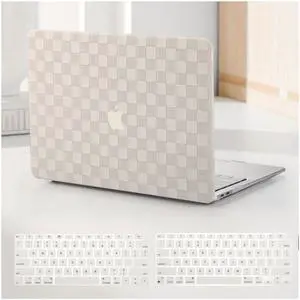 BYCeKe Compatible with MacBook Air 13 Inch 2022 2021-2018 M1 A2337 A2179 A1932, Checkered Textured Cream Leather Hard Shell Case & Keyboard Cover for Mac Air 13, Beige