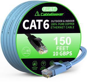 Cat 6 Ethernet Cable 150 ft, Indoor&Outdoor, High Speed 10Gbps Flat Internet Network Cable, Cat6 Ethernet Patch Cable Long, Computer LAN Cable with Free Clips & Straps for Router, Modem, PS4/5, Blue