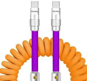 chubbycable Curly Chubby - 240W Coiled USB C Cable Spring Retractable Fast Charging Cable for Car Compatible with CarPlay, Android Auto, Orange and Purple, Type-C to Type-C, 2.29FT-3.6FT