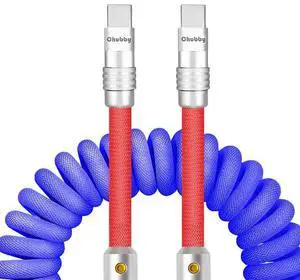 chubbycable Curly Chubby - 240W Coiled USB C Cable Spring Retractable Fast Charging Cable for Car Compatible with CarPlay, Android Auto, Red+Dark Blue, Type-C to Type-C, 2.29FT-3.6FT