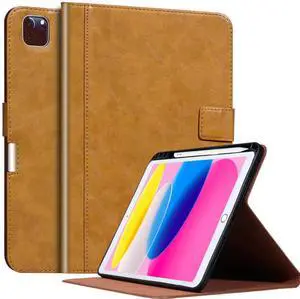 CPNVWA Genuine Leather Case for iPad Pro 13 2024 Inch M4 2024 with Stylus Holder,Protective Shockproof Premium Leather Smart Folio Cover Adjustable Stand Auto Sleep/Wake Anti-Slip, Brown