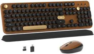 MPTOG Colorful Wireless Computer Keyboard and Mouse Combo with Round Typewriter Keycaps, Retro Design, Power Switch, Ergonomic Design, 2.4GHz Wireless for Windows, Mac, PC(Black-Brown)
