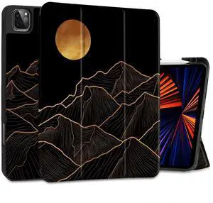 DONGKE Case for iPad Pro 12.9 inch 6th Generation 2022, Built-in Pencil Holder + Trifold Stand + Auto Wake/Sleep + Protective Cover for iPad Pro 12.9 5th/4th/3rd Gen - Golden Mountain