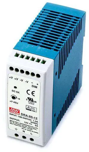 DrapeMania DRA-60-12 DIN Rail Power Supply, 12V/5A, 60W, Slim Single Output, Adjustable Current, UL/TUV/CE, Industrial Grade