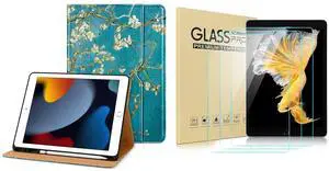 DTTO for iPad 9th/8th/7th Generation 10.2 Inch Case 2021/2020/2019, Premium Leather Business Folio Stand Cover with 3 Pack HD Clear Tempered Glass Screen Protector, Blossom