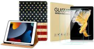 DTTO for iPad 9th/8th/7th Generation 10.2 Inch Case 2021/2020/2019, Premium Leather Business Folio Stand Cover with 2 Pack HD Clear Tempered Glass Screen Protector, US Flag