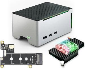 ElectroCookie Raspberry Pi 5 Case, Aluminum Compact Case with M.2 NVMe SSD PCIe HAT and Active RGB Lighting Cooler (Black Case + M.2 HAT[X1001])