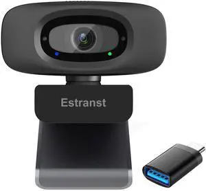Estranst 2K Quad HD Webcam with Privacy Cover & Noise-Canceling Microphone, Video Web Streaming Camera for PC Computer Desktop Laptop Mac Zoom Teams &More, 1pc USB C Adapter