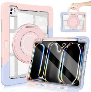 for iPad Pro 11 Inch Case 2024 5th Generation (M4) - with Pencil Holder/Screen Protector/Rotating Stand, Clear Shockproof Rugged Protective Cover for iPad Pro 11 5th Gen (Blue Pink)