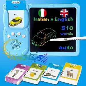 HALCONTORNO Drawing Writing Tablet for Toddlers - Talking English Italian Flash Cards for Kids 3-12, Bilingual Sensory Toys for Autistic Children, 510 Sight Words, Travel Activity (Blue)