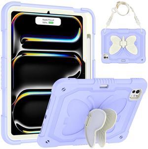 Hogenl for iPad Pro 11 Inch Case M4 (2024, 5th Gen) for Kids Girl with Pencil Slot, for iPad Pro 11 2024 Released Cover with Butterfly Stand Shoulder Strap Shockproof Full Body Protective, Purple