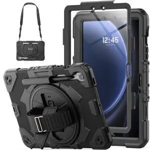 HXCASEAC Case for Samsung Galaxy Tab S10 FE (2025) / S9 FE 10.9-inch / S9 11'' 5G with Screen Protector/S Pen Holder/360 Rotating Hand Strap, Heavy Duty Samsung S10 fe/S9fe Tablet Case - Black