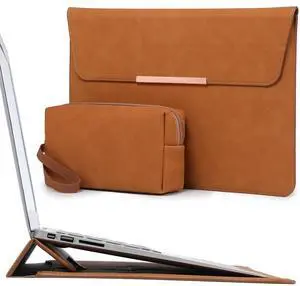 HYZUO 15 Inch Laptop Sleeve Case Cover with Stand Feature for MacBook Pro 15 A1990 A1707 2019-2016, MacBook Air 15 M2 A2941 2024-2023, 15-inch Surface Laptop 7/6/5/4/3, with Pouch, Brown(Smiley)
