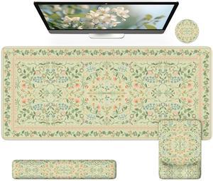 iCasso Desk Mat with Wrist Rest,Large Desk Pad for Keyboard and Mouse,Ergonomic Mouse Pad Sets for Women,Non-Slip Wrist Pad for Keyboard,Floral Computer Mat for Home Office(Light Green)