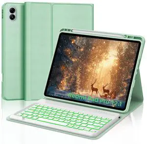 IVEOPPE Keyboard Case for Xiaomi Redmi Pad Pro 12.1 Inch 2024/Xiaomi Poco Pad 12.1", 7 Colors Backlit, Detachable Bluetooth Wireless Keyboard Slim PU Stand Cover with Pencil Holder,Green