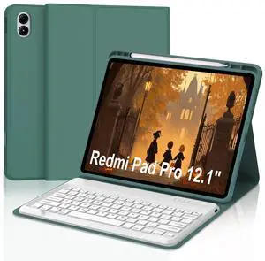 IVEOPPE for Redmi Pad Pro Keyboard with Case for Xiaomi Redmi Pad Pro 12.1 inch 2024/Xiaomi Poco Pad 12.1" PU Leather Cover Detachable Bluetooth Wireless Keyboard with Pencil Holder,Deep Green
