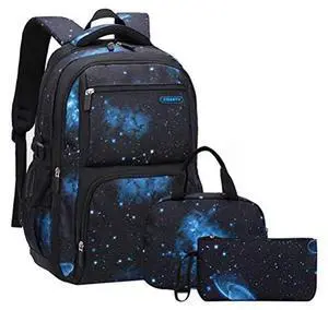 JiaYou Space Pattern Galaxy Backpack Boys Primary Junior Middle School Daypack Men High Middle School Laptop Bag(Star-Dark Blue,3Pcs Backpack Set)