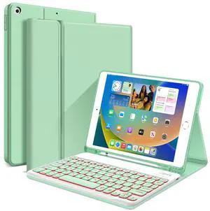 JUQITECH iPad 9th Generation Case with Keyboard 10.2, Backlit Wireless Bluetooth Magnetic Keyboard Case for iPad 9th 8th 7th Gen 2021 2020 2019 Stand Tablet Smart Cover, Pencil Holder, Light Green
