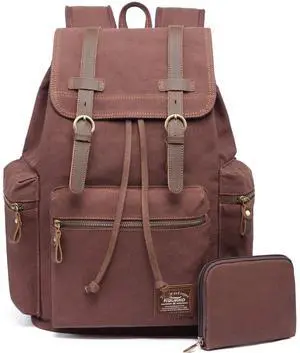 KAUKKO Vintage Casual Canvas and Leather Rucksack Backpack(FP702-1-COFFEE)