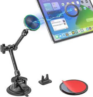 Kolasels Magnetic Tablet Holder for Car - Strong Magnet, Metal Arm Dashboard Windshield iPad Suction Mount for Truck, Pickup, SUV, Van, Fit for 4-11" iPad Pro/Air/Mini, Galaxy Tabs, iPhone
