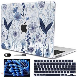 LCMOCICO Case for M2 M3 MacBook Air 13.6 inch 2024 2023 2022 A2681 A3113 Cover with Liquid Retina Display Touch ID, Pattern Plastic Hard Shell Case Screen Film Keyboard Cover, Navy Blue Wild Flowers