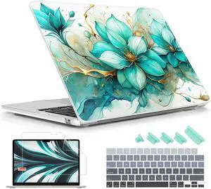 Lepeoac Case for MacBook Air 15 Inch 2025 2024 2023 Release M4 A3241 M3 A3114 M2 A2941, Hard Shell with Screen Protector & Keyboard Cover, Compatible with Touch ID, Green Floral