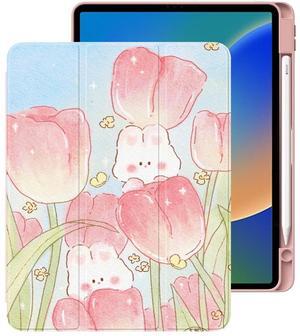 Cute Flower Bunny for iPad Mini 6 Case with Pencil Holder, Foldable Pink Leather Cover Case, Support Auto Sleep Wake