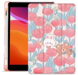 MAYCARI Rabbit Bear Flower Case foriPad Pro 12.9 Inch 2022/2021/2020 with Pencil Holder, Cute iPad Pro 6th/5th/4th Generation Protective Case with Soft TPU Back, Auto Sleep/Wake Cover Slim Shell