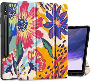MEEgoodo Case for Samsung Galaxy Tab S8 Plus 2022/S7 FE 2021/S7 Plus 2020 12.4 inch Cover with Pen Holder,Tablet Cases with Folding Stand+Soft TPU Back Shell+Smart Auto Wake/Sleep, Art Painted Flowers