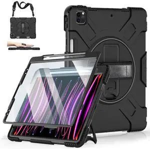 Case for iPad Pro 12.9 2022/2021/ 2020/2018: Cover for iPad Pro 12.9 6th/ 5th/ 4th/ 3rd Generation with Screen Protector- Stand- Pencil Holder- Handle- Shoulder Strap Black