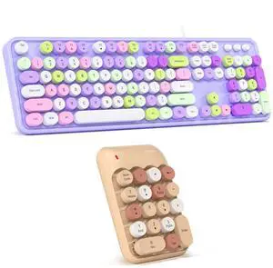 MOWUX Wired Typewriter Keyboard with Foldable Stand + Wireless 18-Key Number Pad Combo for Laptop/Desktop