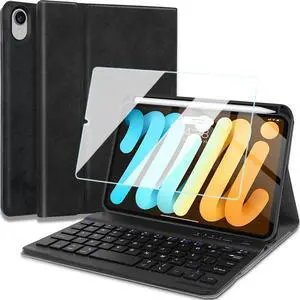 Nanhent Keyboard Case with Screen Protector for iPad Mini (A17 Pro, 2024 Model, 7th Generation) / Mini 6 (2021 Model, 6th Generation), Slim PU Stand Cover with Detachable Wireless Bluetooth Keyboard