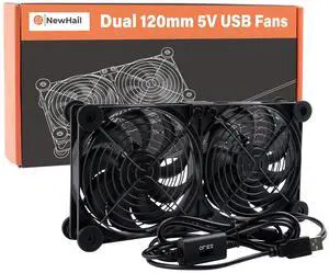 NewHail Quiet Dual 120mm Router Fan Cooler with L/M/H 3-Degree Speed Controller, DC 5V USB Powered Cooling Case Fan for Router Modem Receiver DVR PlayStation TV Box
