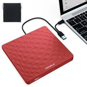ORIGBELIE External CD DVD Drive for Laptop, USB 3.0 Type-C Ultra Slim 13mm DVD Player Portable CD DVD +/-RW Drive CD Burner Reader Writer Recorder for Desktop PC Windows 11/10/8/7 Linux Mac OS (Red)