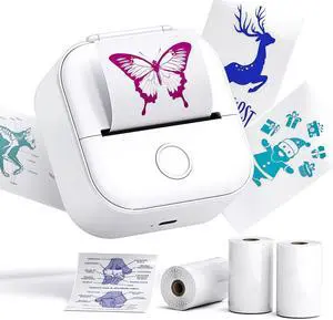 Phomemo Mini Sticker Printer- Print Pods Thermal Printer T02 Bluetooth Sticker Maker Machine with 3 Rolls Transparent Color Papers, for Study Notes, DIY Stickers, List, White