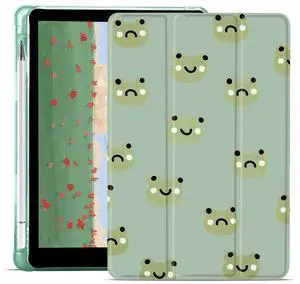 JOYLAND Cute Frog Printed for 10.2 Inch iPad 9th/7th/8th Generation for iPad 2021/2020/2019 Case with Pencil Holder, Auto Wake/Sleep Foldable, Clear TPU Smart Stand Back Cover for Girls Women Kids