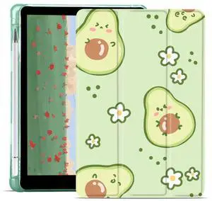 JOYLAND Cute Avocado Printed for 10.9 Inch iPad 2022/10th Generation Case with Pencil Holder, Auto Wake/Sleep Foldable Cartoon Case, Green TPU Smart Stand Back Cover for Girls Women Kids