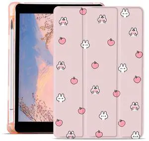 JOYLAND Cute Peach Bunny Case for 10.2 Inch iPad 9th/7th/8th Generation with Pencil Holder, Cartoon Printed for iPad 2021/2020/2019 Trifold Stand Cover Full Body Protection, Auto Wake/Sleep