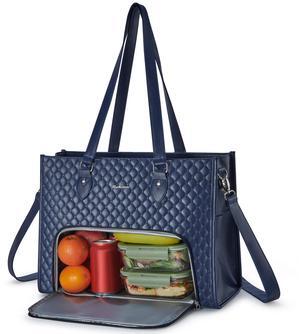 Ralnitote Laptop Tote Bag with Insulated Lunch Compartment for Women, PU Leather 15.6 Inch Work Bag, Elegant Computer Handbag, Versatile Business Tote for Office,Travel or Casual-Midnight Blue