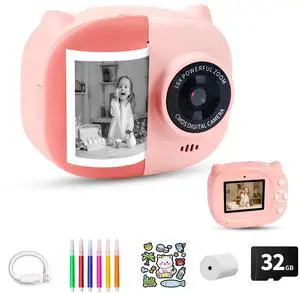 Instant Print Camera Toy for Kids, Girls Birthday Gifts for 3 4 5 6 7 8 Year Old Learning Music Story Player, 1080P HD Dual-Lens Creative Instant Camera (Pink)