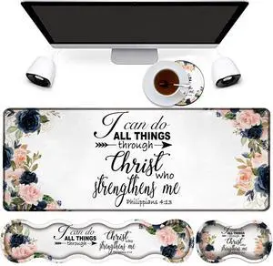 4 in 1 Mouse Pad Combo, Large Gaming Mouse Pad + Keyboard Wrist Support + Mouse Wrist Rest + Coaster, Table Pad with Stitched Edge Memory Foam Ergonomic Wrist Pad Set, Bible Phil 4-13 Floral