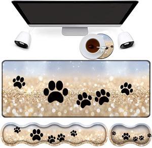 4 in 1 Mouse Pad Combo, Large Gaming Mouse Pad + Keyboard Wrist Support + Mouse Wrist Rest + Coaster, Table Pad with Stitched Edge Memory Foam Ergonomic Wrist Pad Set, Rainbow Glitter Dog Paw Prints
