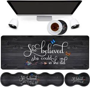 Large Gaming Mouse Pad + Keyboard Wrist Support + Mouse Wrist Rest + Coaster, Table Pad with Stitched Edge Memory Foam Ergonomic Wrist Pad Set, She Believed She Could So She Did
