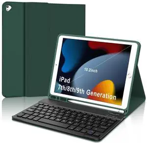 SENGBIRCH iPad 9th Generation Case with Keyboard (10.2 inch) - Smart Keyboard Folio Case with Pencil Holder, Spanish (Dark Green)
