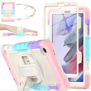 SEYMAC stock Case for Samsung Galaxy Tab A7 Lite 8.7'' with Screen Protector Pencil Holder [360 Rotating Hand Strap] &Stand, Drop-Proof Case for Samsung A7 Lite 2021 SM-T220/T225/T227, Yellowish/Pink