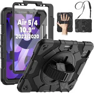 SEYMAC for iPad Air 5th/ 4th Generation Case 10.9 Inch, Full-Body Drop Protection Case with Screen Protector, 360deg Rotating Stand, Hand Strap, Shoulder Strap for iPad Air 5/ Air 4, Black