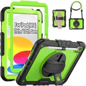 SEYMAC Case for iPad (A16) 11th/10th Generation 2025/2022 (11/10.9), Sturdy Heavy Duty Full-Body Shockproof Protective Case with Screen Protector, Rotating Stand, Hand/Shoulder Strap, Black/Green